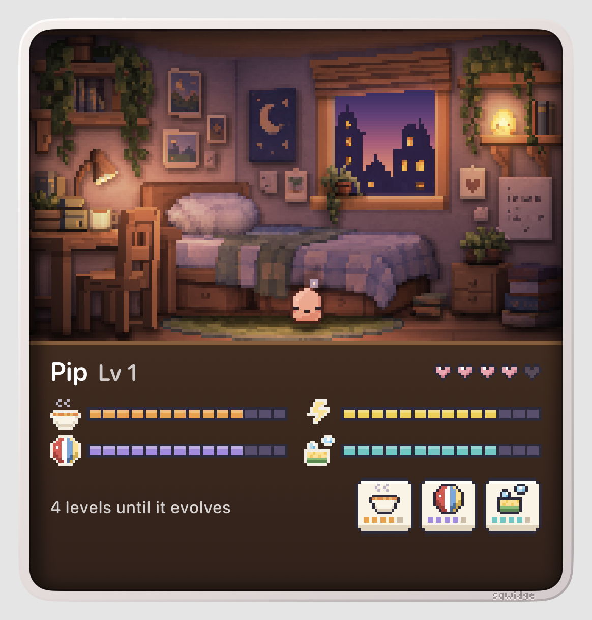 The large Home Screen widget: Pip, a little pink Sqwidge, in a cosy pixel-art bedroom full of plants, pictures and books, with its hearts, its hunger, energy, fun and cleanliness meters, and Feed, Play and Tidy buttons.